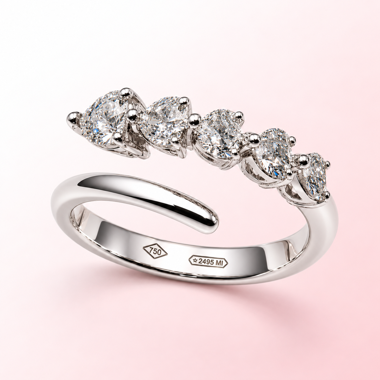Cuorissimo Infinity ring in white gold with five natural heart-cut diamonds